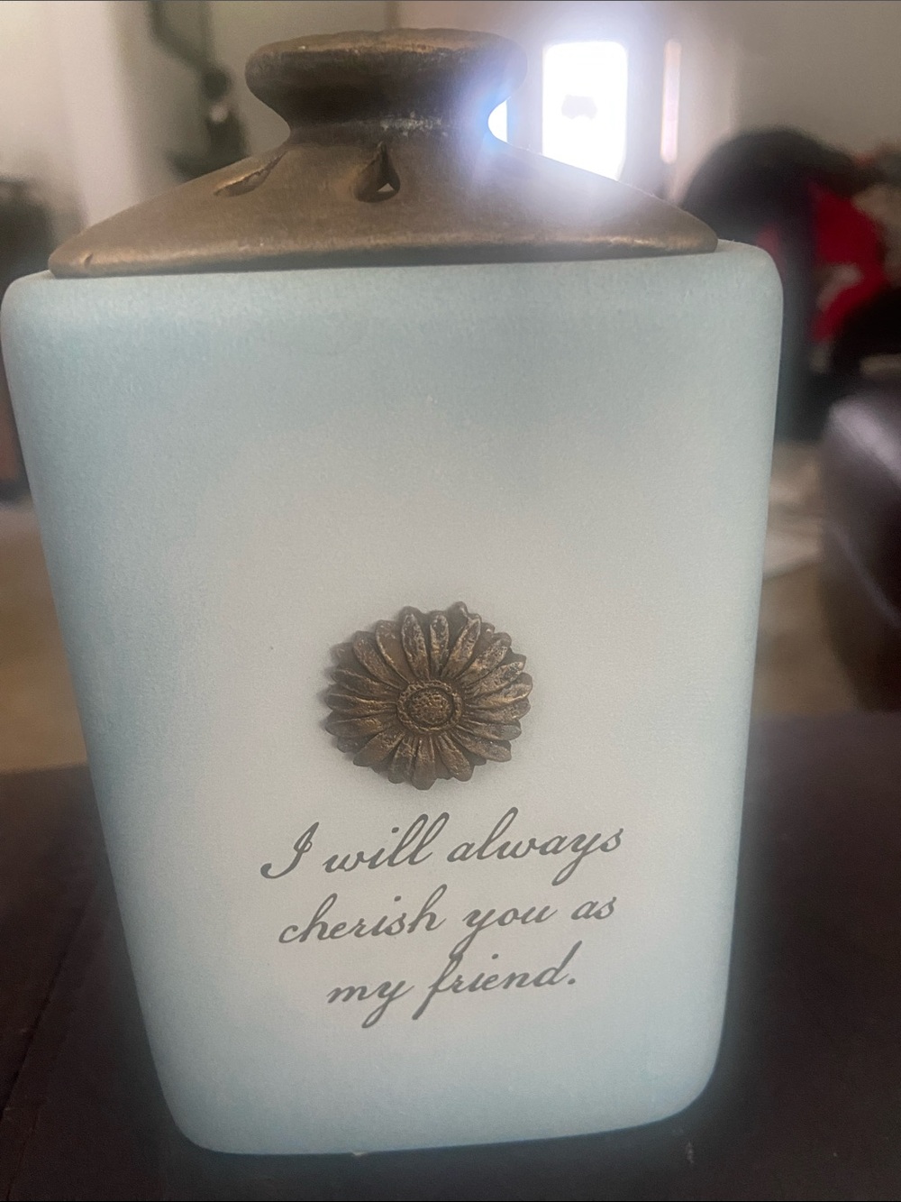 Blue Decorative Sentiment Jar with Bronze Flower Accent Heart Warmer